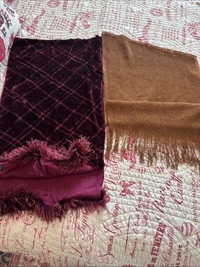 Vintage Wraps/Scarf Bundle: Burgundy Velvet Fringe/Feather & Copper Fringe Wrap